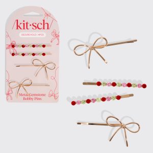 kitsch Red, Pink, & Green Gemstone and Bow Bobby Pins