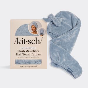 kitsch Coastal Blue Plush Microfiber Hair Towel Turban with Bow