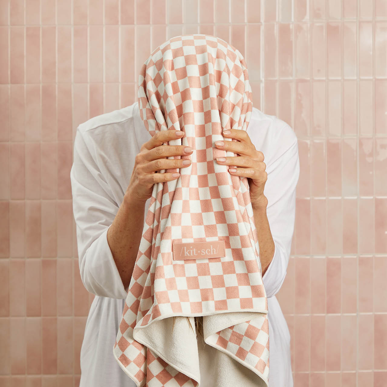 60695-XL-QuickDryHairTowelWrap-Model-Cleanse-TerracottaChecker-10-1280x1280px